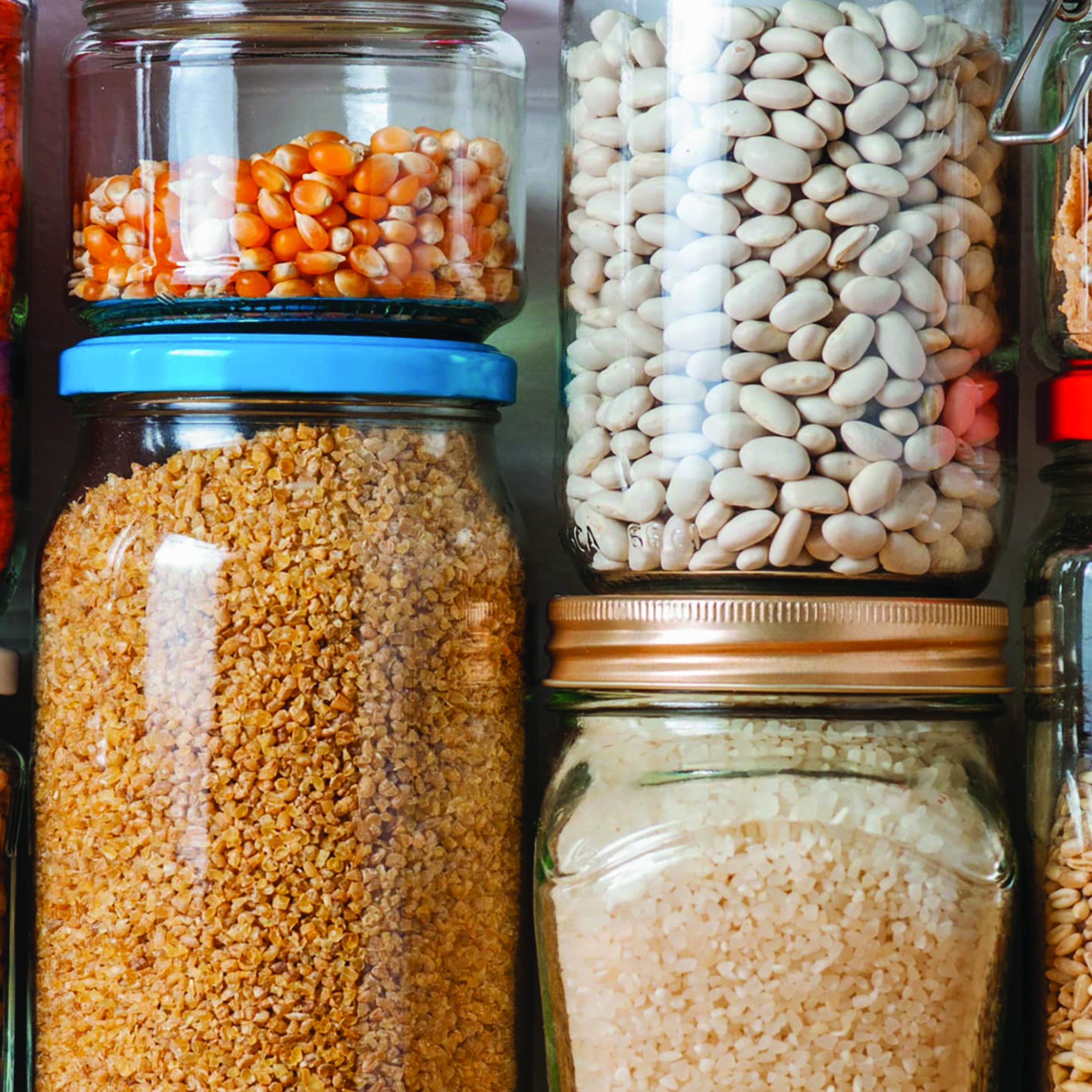 Close-up of glass jars filled with dry pantry staples including popcorn kernels, white beans, bulgur, and rice, stored neatly for kitchen organization and pest prevention.